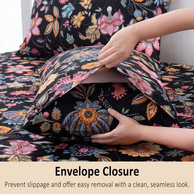 MEISHANG Queen Sheet Set - Ultra Soft Floral Sheets Brushed Microfiber,1800 Thread Count Floral Bed Sheets Oeko-Tex Certificated - Black Yellow - Image 4