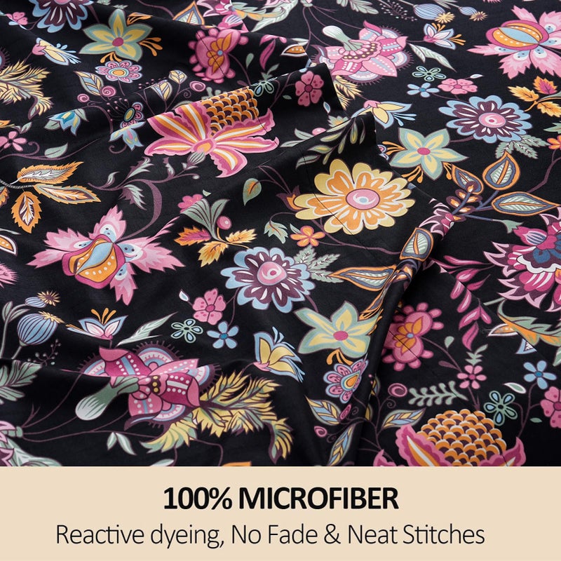MEISHANG Queen Sheet Set - Ultra Soft Floral Sheets Brushed Microfiber,1800 Thread Count Floral Bed Sheets Oeko-Tex Certificated - Black Yellow - Image 3