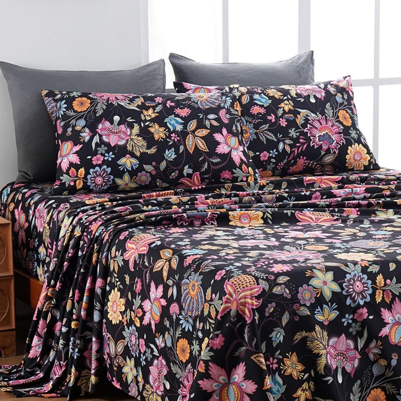 MEISHANG Queen Sheet Set - Ultra Soft Floral Sheets Brushed Microfiber,1800 Thread Count Floral Bed Sheets Oeko-Tex Certificated - Black Yellow - Image 1