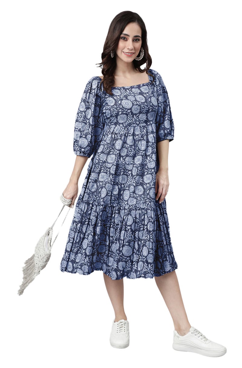 Janasya Women's Blue Pure Cotton Floral Printed Tiered Dress (JAC24DR01515-3XL) - Image 1
