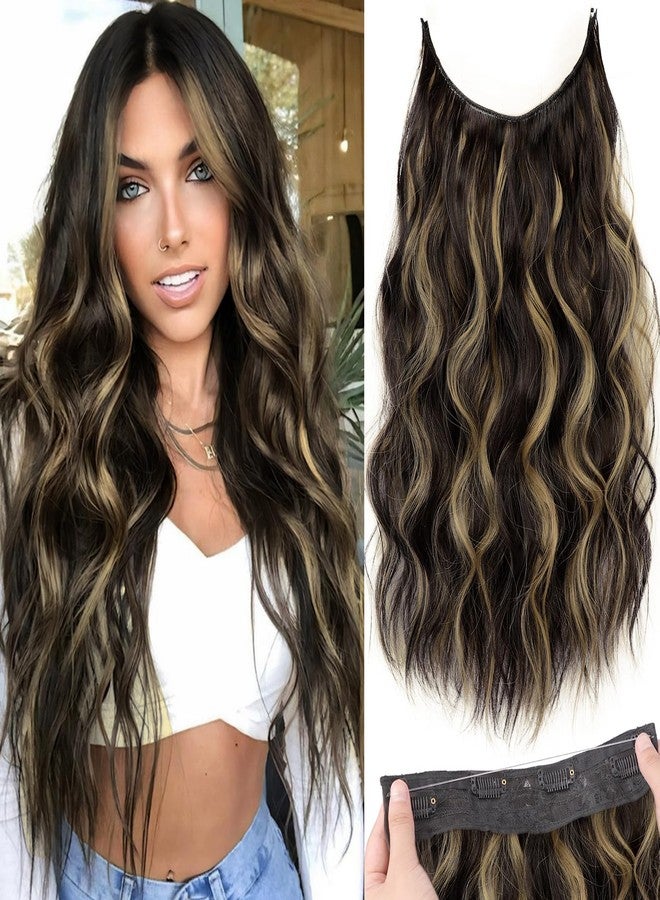KooKaStyle Invisible Wire Hair Extensions with Transparent Headband Adjustable Size 4 Secure Clips Long Wavy Secret Wire Hairpiece 20 Inch Dark Brown with Blonde Highlights for Women - Image 1