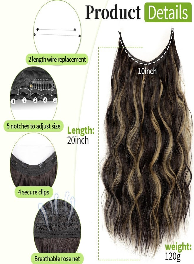 KooKaStyle Invisible Wire Hair Extensions with Transparent Headband Adjustable Size 4 Secure Clips Long Wavy Secret Wire Hairpiece 20 Inch Dark Brown with Blonde Highlights for Women - Image 2