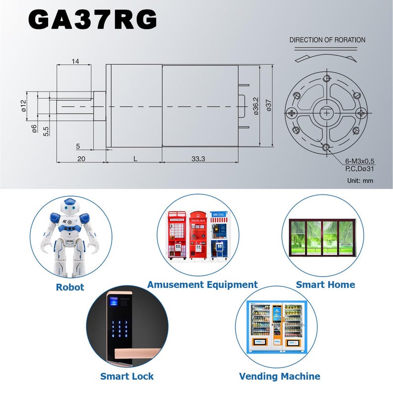 Greartisan محرك جير كهربائي Greartisan DC 12V 550RPM عالي العزم مع عمود إخراج مركزي بقطر 37 مم صندوق تروس - Image 2