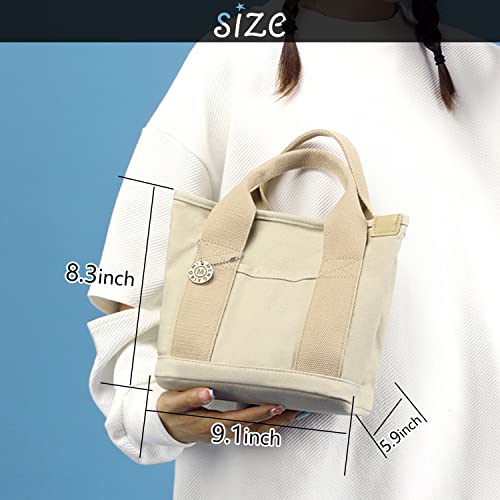 MINGRI Small Canvas Tote Bag for Women,Mini Totes Bags with Pockets, Cute Bible Handbag with Zipper Travel Top Handle Purse with Compartments Satchel Handbags for Work,Shopping,Beach,no Long Strap,Beige - Image 4