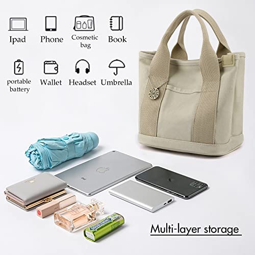 MINGRI Small Canvas Tote Bag for Women,Mini Totes Bags with Pockets, Cute Bible Handbag with Zipper Travel Top Handle Purse with Compartments Satchel Handbags for Work,Shopping,Beach,no Long Strap,Beige - Image 5