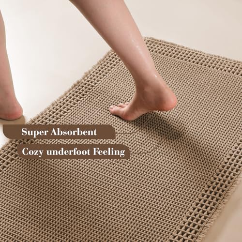 RESARE Waffle Bathroom Runner Rugs, Super Absorbent Bath Mat Non Slip Washable Quick Dry, Upgraded Ultra Soft Boho Bath Rugs with Tassels for Hallway Bedroom Laundry Room, 2'x6'(24"x72"), Brown - Image 3