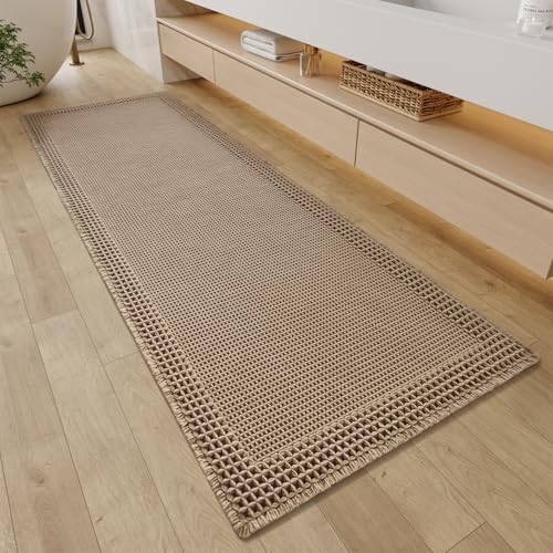 RESARE Waffle Bathroom Runner Rugs, Super Absorbent Bath Mat Non Slip Washable Quick Dry, Upgraded Ultra Soft Boho Bath Rugs with Tassels for Hallway Bedroom Laundry Room, 2'x6'(24"x72"), Brown - Image 1
