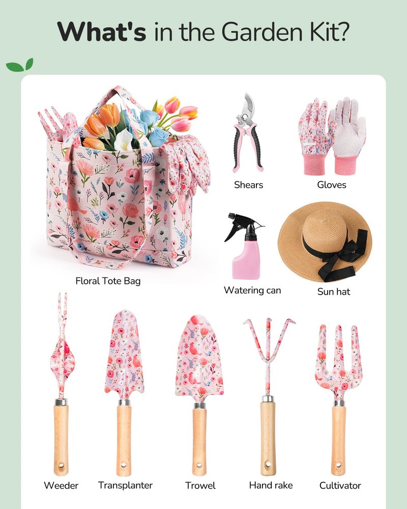 Grenebo Gardening Tools, 10-Piece Gardening Gift Set for Women, Rust-Proof & Heavy-Duty Tools with Floral Organizer Bag, Fashionable & Thoughtful Gift for Garden Women (Pink) - Image 3