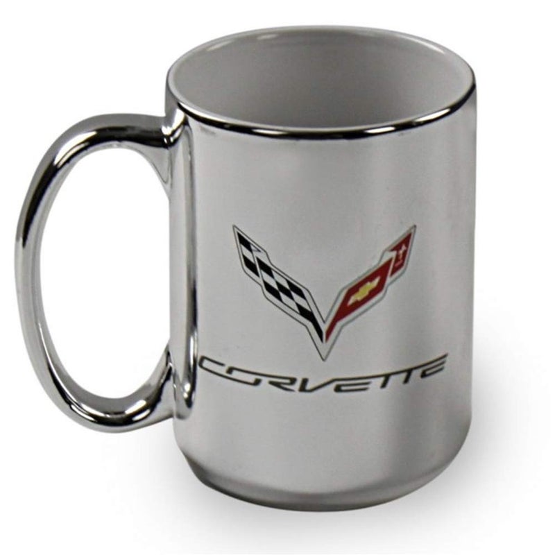 C7 Corvette Stingray Coffee Mug Silver 15 oz Crossed Flags Logo Ceramic Cup