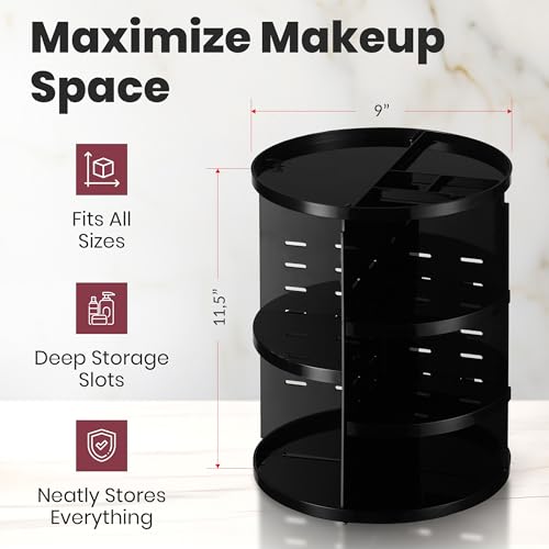 Masirs 360 Rotating Makeup Organizer - Adjustable Shelf Height and Fully Rotatable. The Perfect Cosmetic Organizer for Bedroom Dresser or Vanity Countertop. (Black) - Image 2