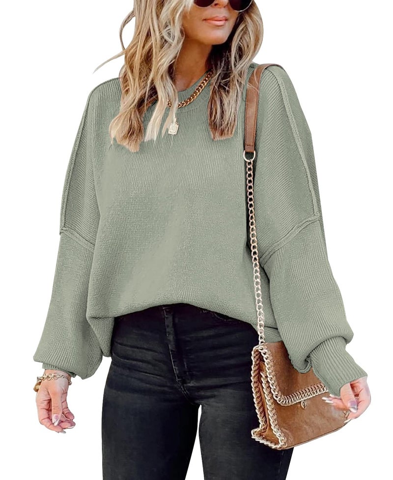 SAUKOLE Womens Sweaters Causal Crewneck Batwing Sleeve Knit Top Side Split Oversized Pullover Sweater Loose Jumper A-Green - Image 1