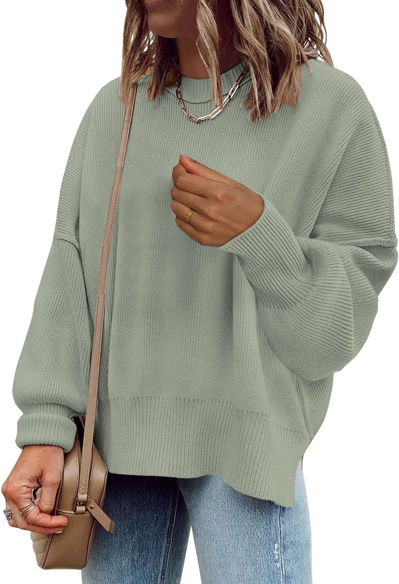 SAUKOLE Womens Sweaters Causal Crewneck Batwing Sleeve Knit Top Side Split Oversized Pullover Sweater Loose Jumper A-Green - Image 2