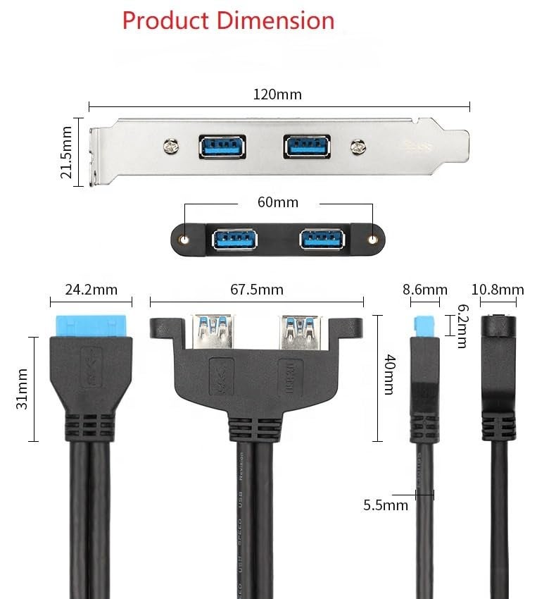 XIKKART USB 3.0 HUB, 2 Ports 3.0 Female to Motherboard 20pin Header Cable with PCI Bracket 50cm, Back Pannel, Motherboard to USB 3.0 Cable, (Multicolor) - Image 5
