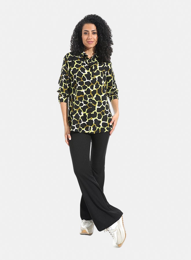 Andora Self Patteren Long Sleeves Turned Down Collar Shirt _ Green & Black & Yellow - Image 5