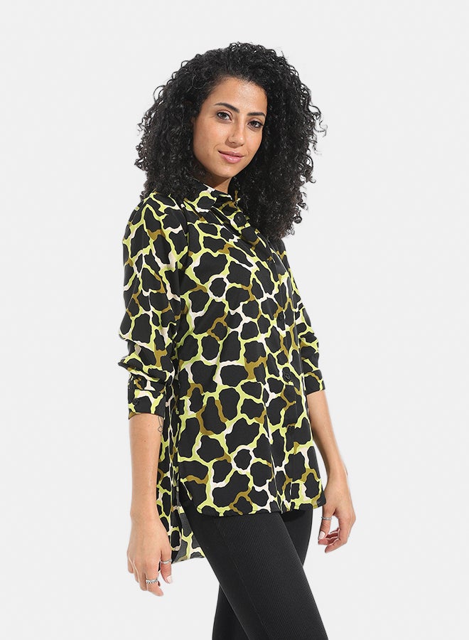 Andora Self Patteren Long Sleeves Turned Down Collar Shirt _ Green & Black & Yellow - Image 2