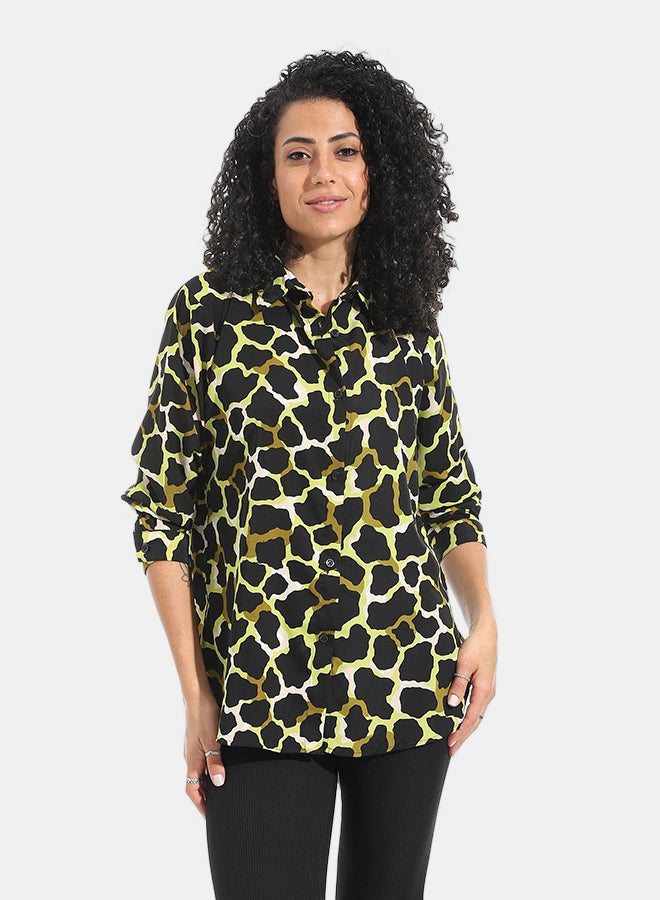 Andora Self Patteren Long Sleeves Turned Down Collar Shirt _ Green & Black & Yellow - Image 1