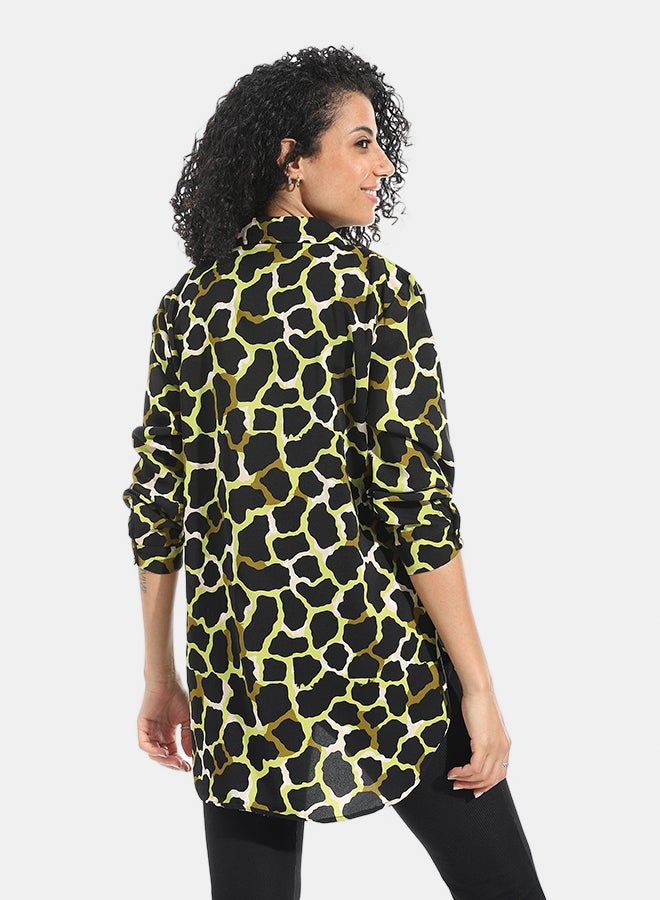Andora Self Patteren Long Sleeves Turned Down Collar Shirt _ Green & Black & Yellow - Image 4