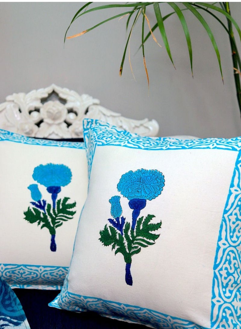 أوجريا غطاء وسادة مطبوع يدويًا من القطن باللونين الأزرق والأبيض الأوركيد 40 × 40 سم - Image 3