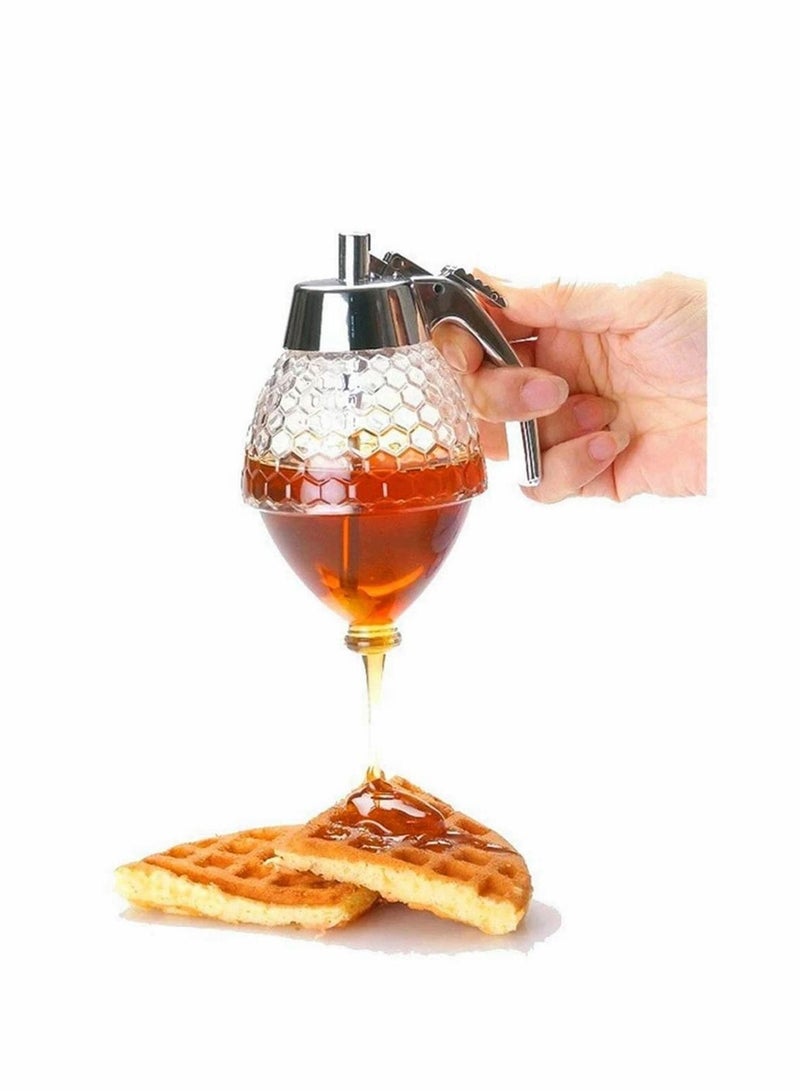 Honey Pot Honey Dispenser No Drip Glass Bottom Flow Honey Dispense Maple Syrup Dispenser Glass Beautiful Honey Comb Shaped Honey Pot Honey Jar with Stand Great Bee Decor for Syrup Sauces - Image 1