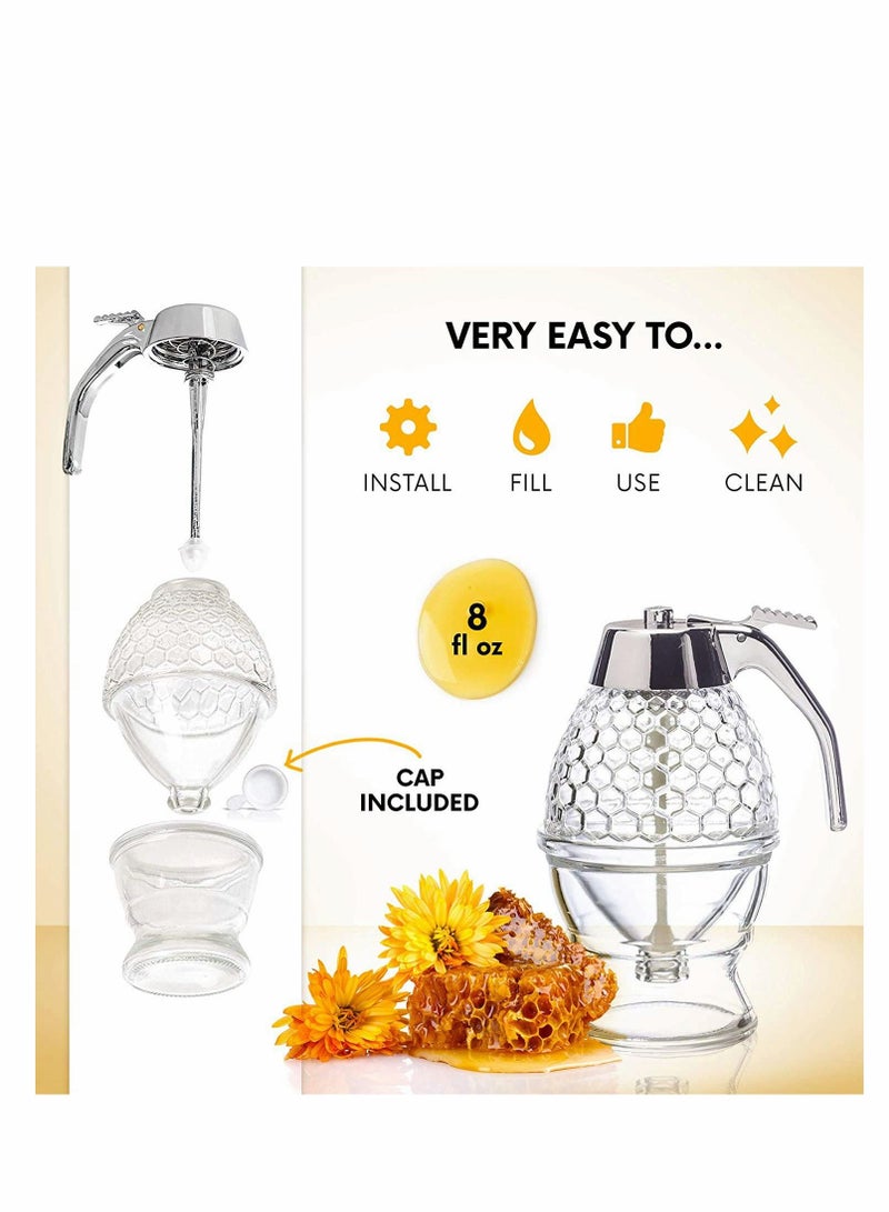 Honey Pot Honey Dispenser No Drip Glass Bottom Flow Honey Dispense Maple Syrup Dispenser Glass Beautiful Honey Comb Shaped Honey Pot Honey Jar with Stand Great Bee Decor for Syrup Sauces - Image 4