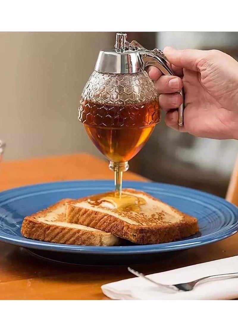 Honey Pot Honey Dispenser No Drip Glass Bottom Flow Honey Dispense Maple Syrup Dispenser Glass Beautiful Honey Comb Shaped Honey Pot Honey Jar with Stand Great Bee Decor for Syrup Sauces - Image 2