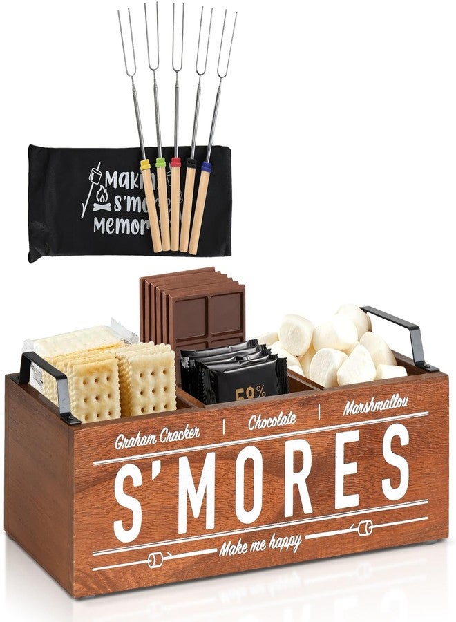 Uipame S'Mores Station - Farmhouse Caddy With Handles, Kit for Fire Pit Maker Box, Bar Station With 5 Extendable Marshmallow Roasting Sticks, Camping Essentials Gear Accessories