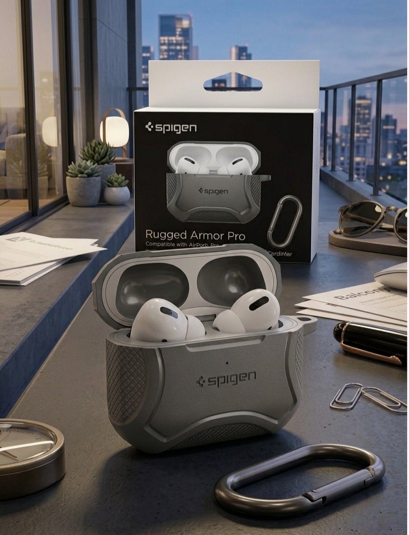SPIGEN SGP Spigen AirPods Pro Case Rugged Armor Pro - Carbon Fiber Design, Shockproof Protective Cover with Keychain (Charcoal Gray) - Image 1
