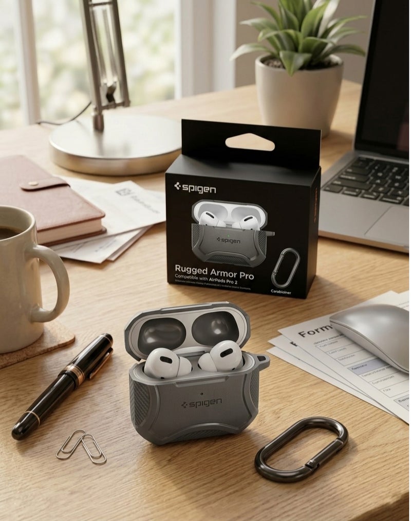 SPIGEN SGP Spigen AirPods Pro Case Rugged Armor Pro - Carbon Fiber Design, Shockproof Protective Cover with Keychain (Charcoal Gray) - Image 5