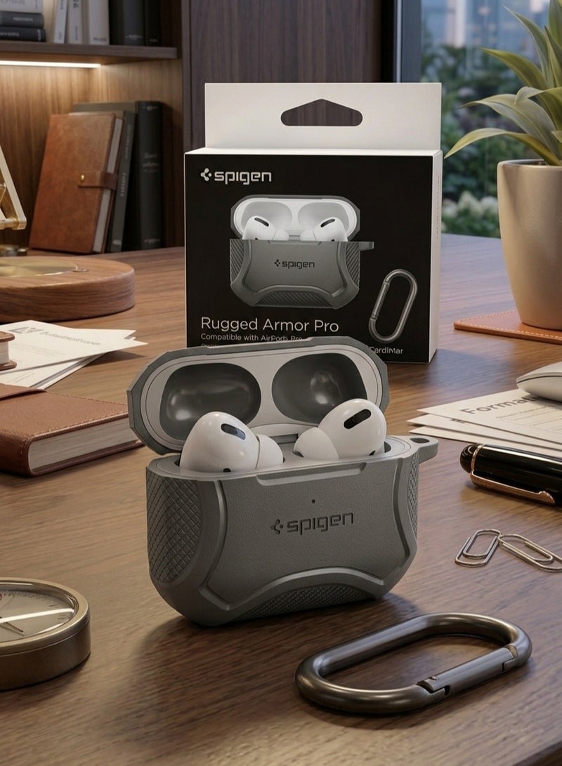 SPIGEN SGP Spigen AirPods Pro Case Rugged Armor Pro - Carbon Fiber Design, Shockproof Protective Cover with Keychain (Charcoal Gray) - Image 2