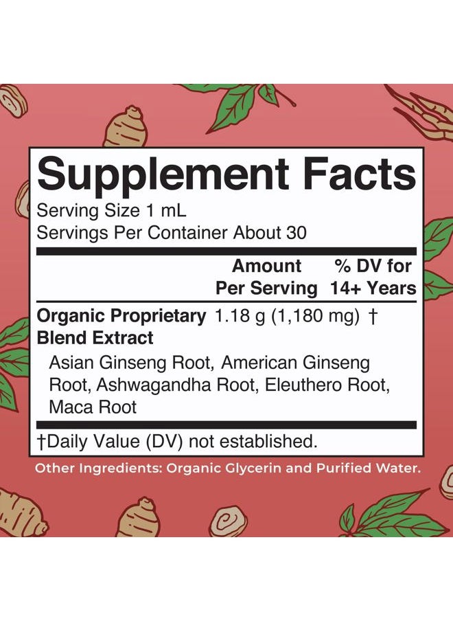 Herbal Supplement for Brain Function | Boost Energy | Memory | Vitality USDA | Ginseng with Ashwagandha | Eleuthero and Maca Root Extract | 1 Fl Oz