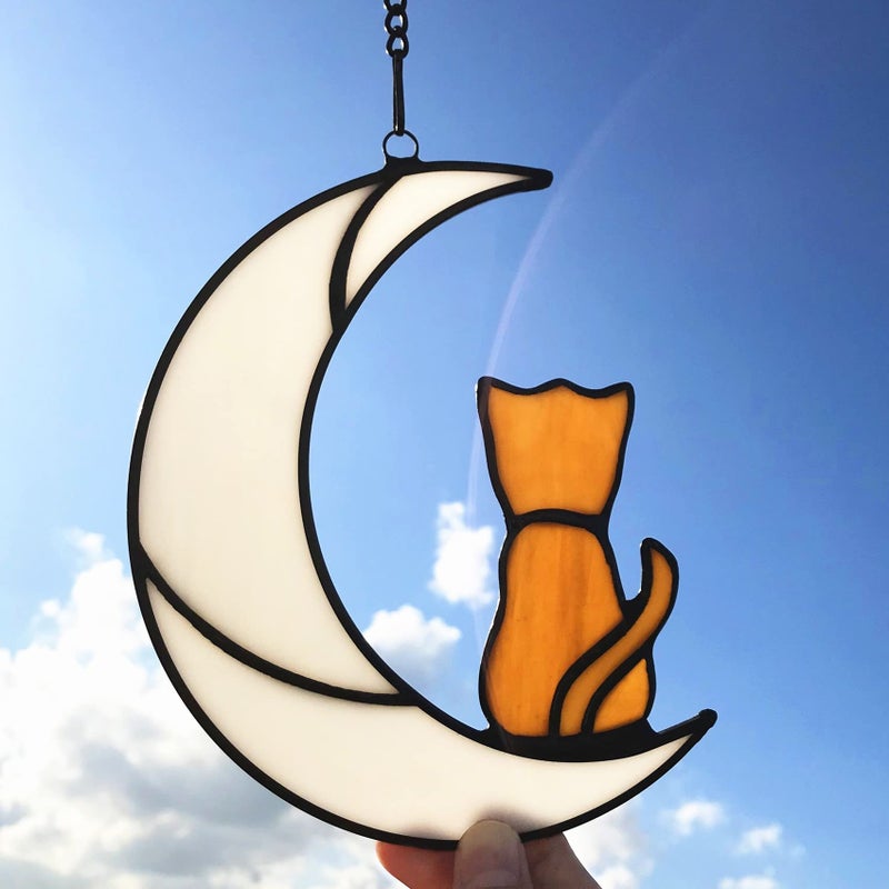 Lcensp Orange Cat Glass Ornament for Cat Lovers Tabby Cat Memorial Gift Hanging Cat Suncatcher Decor for Window White Moon Design 63x51in Handmade
