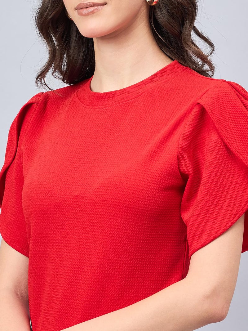 Style Quotient Women Solid Red Poly Knit Smart Casual Regular Tulip Sleeve Top - Image 2