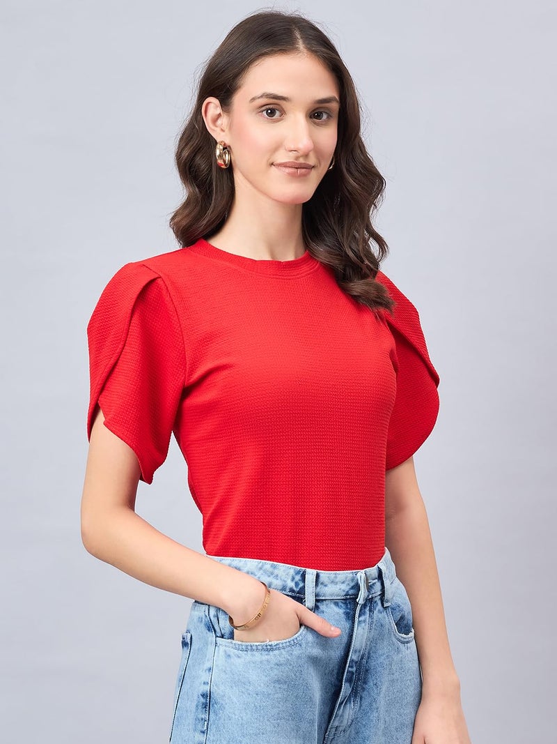 Style Quotient Women Solid Red Poly Knit Smart Casual Regular Tulip Sleeve Top - Image 3