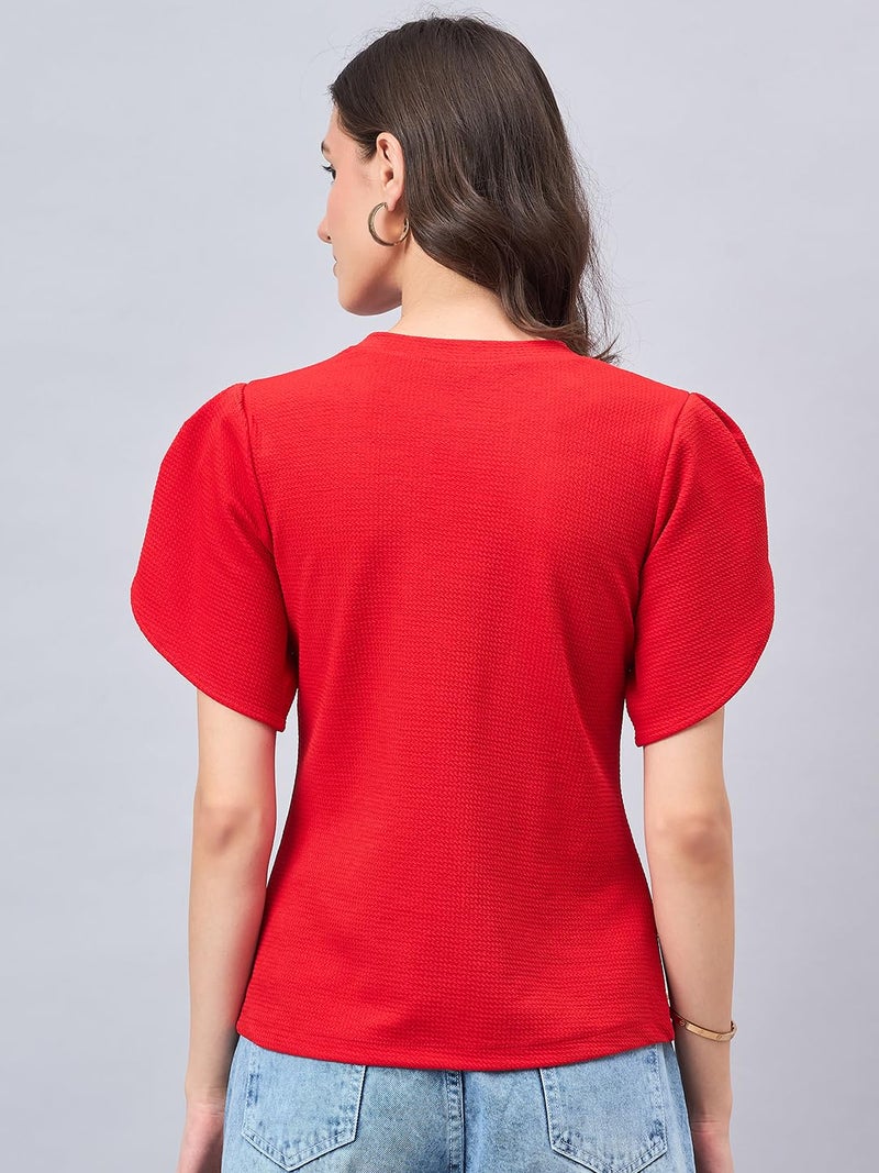 Style Quotient Women Solid Red Poly Knit Smart Casual Regular Tulip Sleeve Top - Image 4