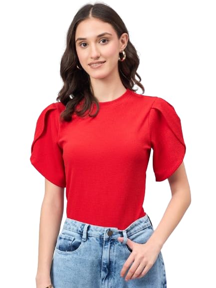Style Quotient Women Solid Red Poly Knit Smart Casual Regular Tulip Sleeve Top - Image 1
