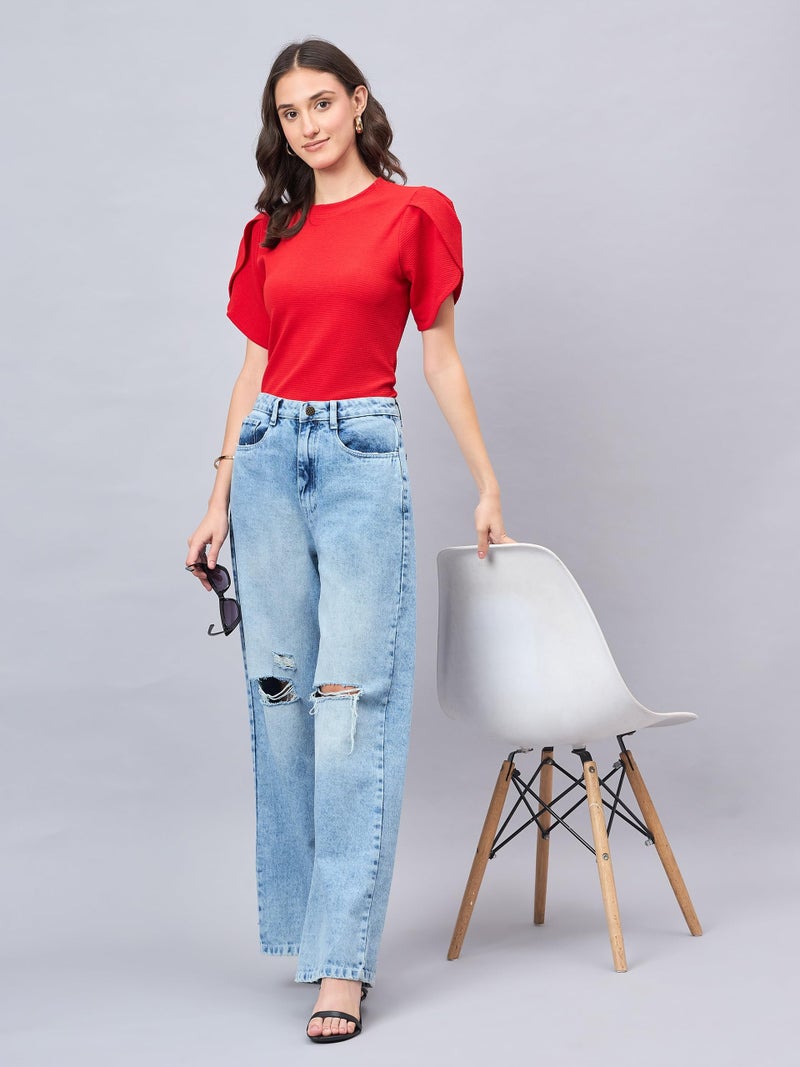 Style Quotient Women Solid Red Poly Knit Smart Casual Regular Tulip Sleeve Top - Image 5