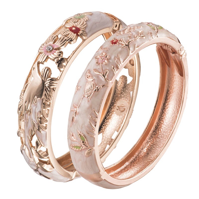 UJOY Colors Handcraft Jewelry Cloisonne Bracelet Enamel Hollowed Bird Spring Hinged Womens Bangles Gifts Box 88A31-55C49 Beige White - Image 1