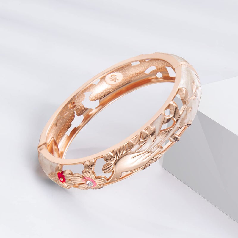 UJOY Colors Handcraft Jewelry Cloisonne Bracelet Enamel Hollowed Bird Spring Hinged Womens Bangles Gifts Box 88A31-55C49 Beige White - Image 3