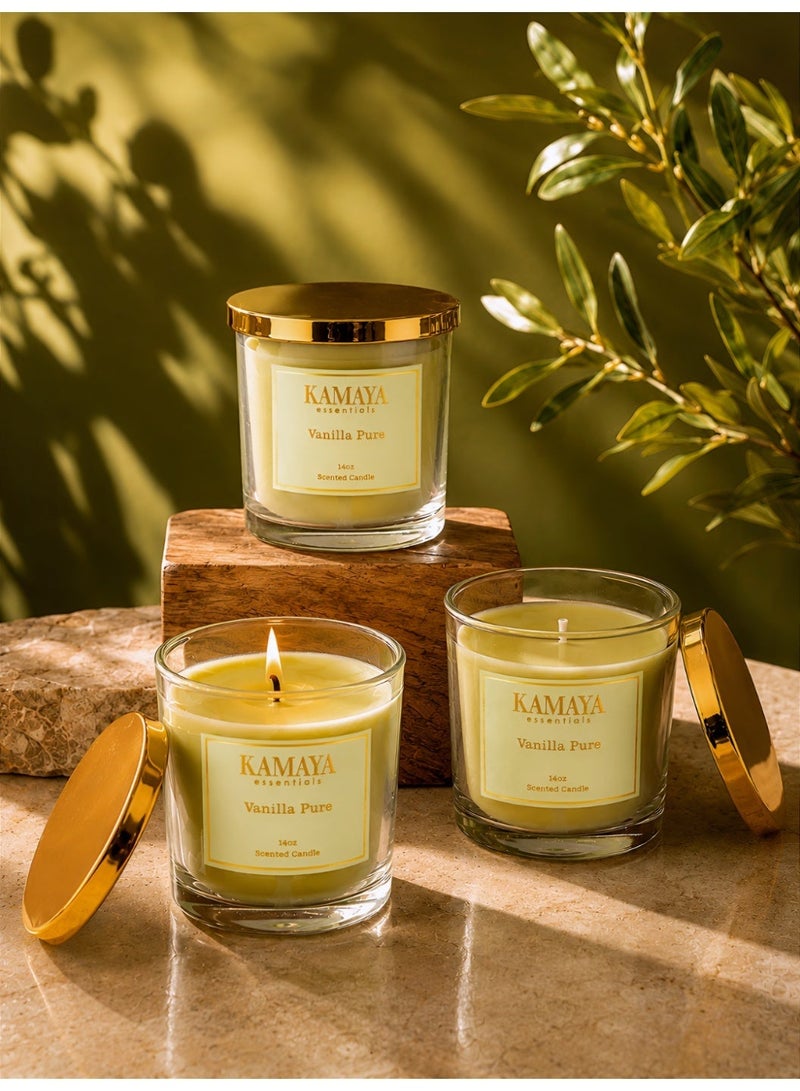 KAMAYA IRIS Collection Vanilla Pure scented candle  with 3 wicks | 400 gms | Clear jar with gold lid - Image 1