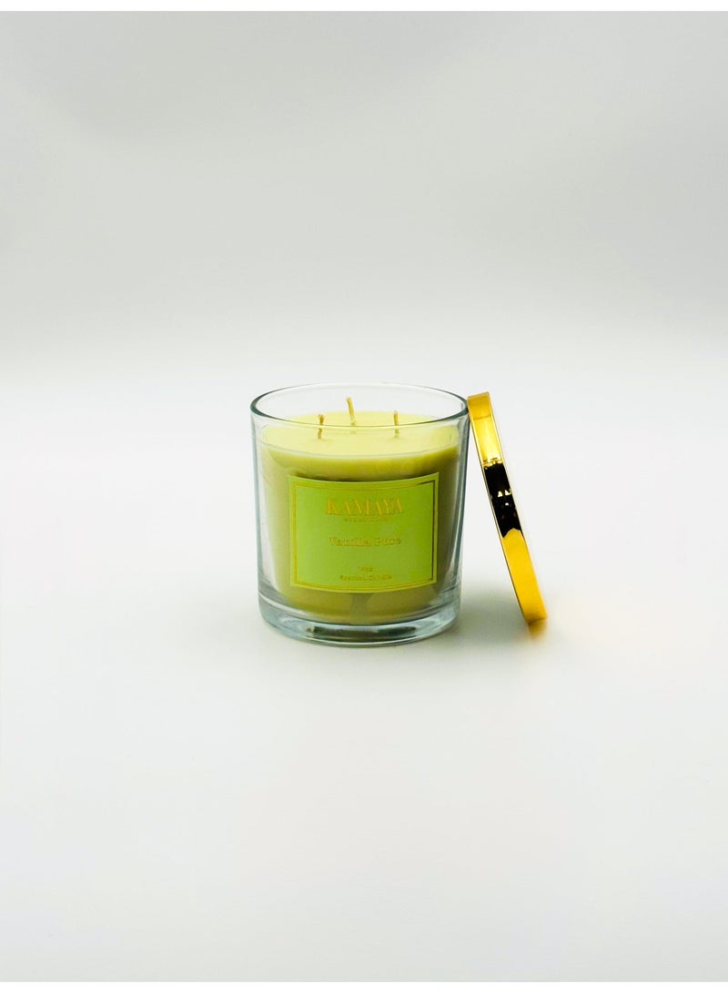 KAMAYA IRIS Collection Vanilla Pure scented candle  with 3 wicks | 400 gms | Clear jar with gold lid - Image 3