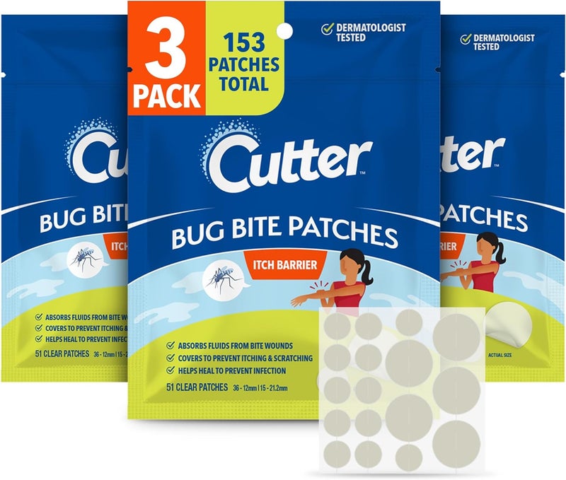 Cutter Bug Bite Patches Itch Relief Hydrocolloid Patches for Kids & Adults, Absorbs Fluids, Helps Heal, Prevents Scratching, Mosquito Itch Relief, Hydrocortisone & Suction Tool Alternative, 153 Count