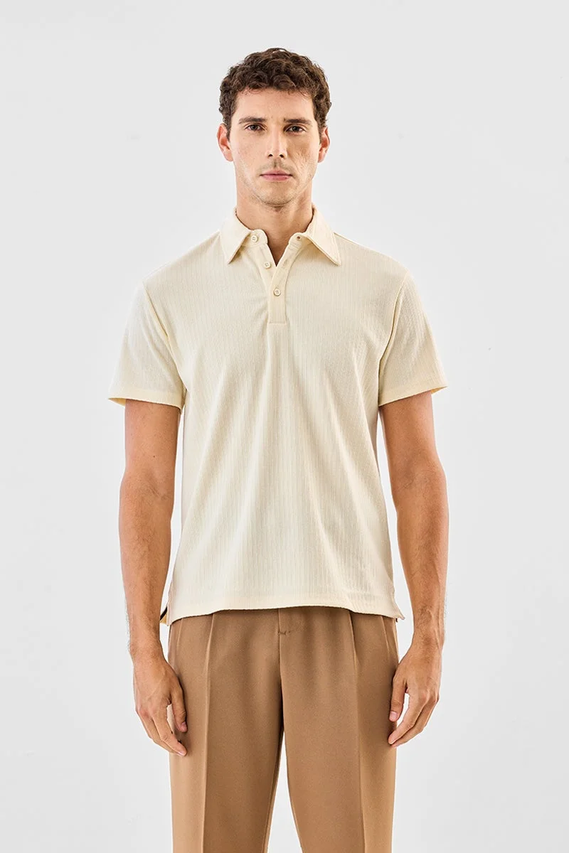 سنيتش Beige Ribbed Half Sleeve Regular Fit T-Shirt