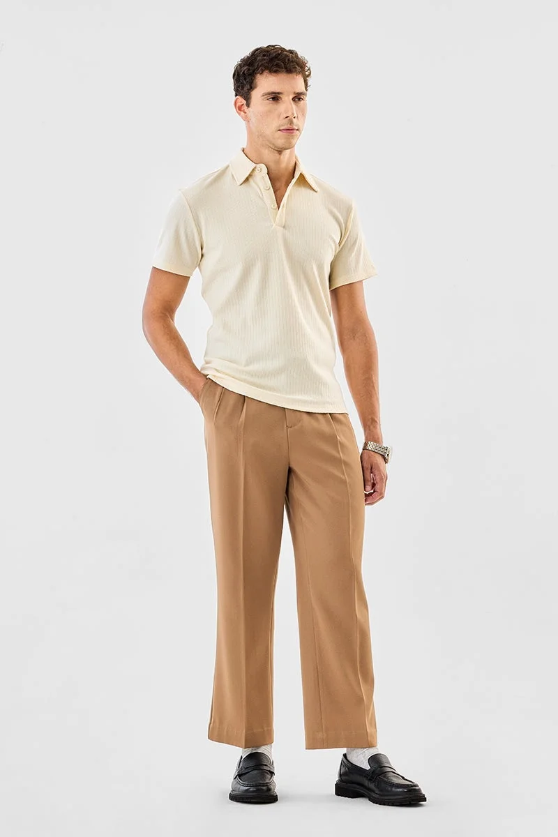 سنيتش Beige Ribbed Half Sleeve Regular Fit T-Shirt