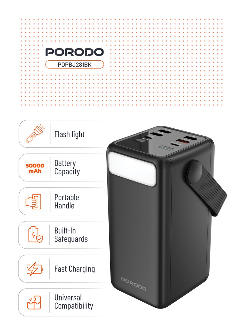 porodo LARA Power Bank 50000mAh with Integrated Cables and Flashlight / Fast Charge Powerbank / Portable Charger 20W PD / Portable Handle / Built-in Safety Feature / High Battery Capacity - Black - Image 2