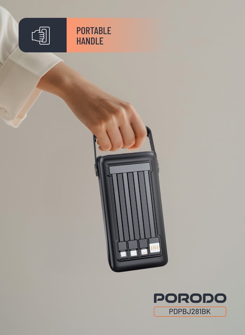 porodo LARA Power Bank 50000mAh with Integrated Cables and Flashlight / Fast Charge Powerbank / Portable Charger 20W PD / Portable Handle / Built-in Safety Feature / High Battery Capacity - Black - Image 5