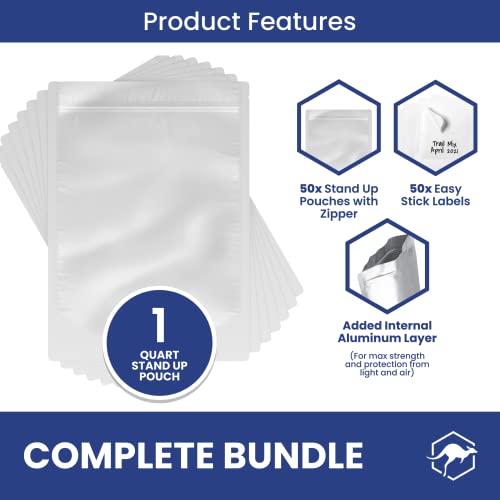 Wallaby 50 Count 1-Quart Gusset Mylar Bags with Labels, 12 Mil Total Thickness Long-Term Food Storage Pouches, 15x12 Stand-Up Zipper Heat-Sealable Airtight Packaging - Silver - Image 3