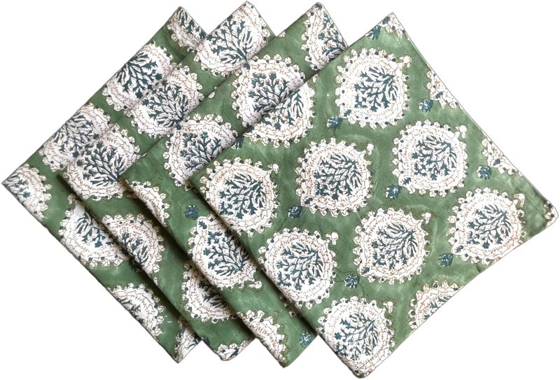 ATOSII Kari Green 100 Cotton Fall Cloth Dinner Napkins 20 X 20 Inches Floral Handblock Print Set of 4 Washable Durable Linen for Everyday Use Wedding Parties Outdoors Christmas Thanksgiving - Image 1