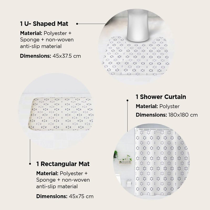 Umai UMAI Shower Curtain (180X180 cm) & Bathmat 3 Pcs Set|6ft|Creative Vibrant Coloured Polyster Curtain Sets with Non-Slip Bath mats for Bathroom|Easy-Slide Curtains|Quick Dry,Soft Mats  - Image 3