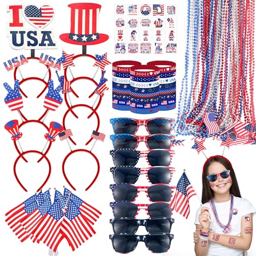 PLOUGVI 188PCS 4th of July Accessories Set Party Favors Supplies Decorations for Independence Day Memorial DayInclude Headbands Glasses Necklaces Bracelets Tattoo Stickers USA Flag - Image 1