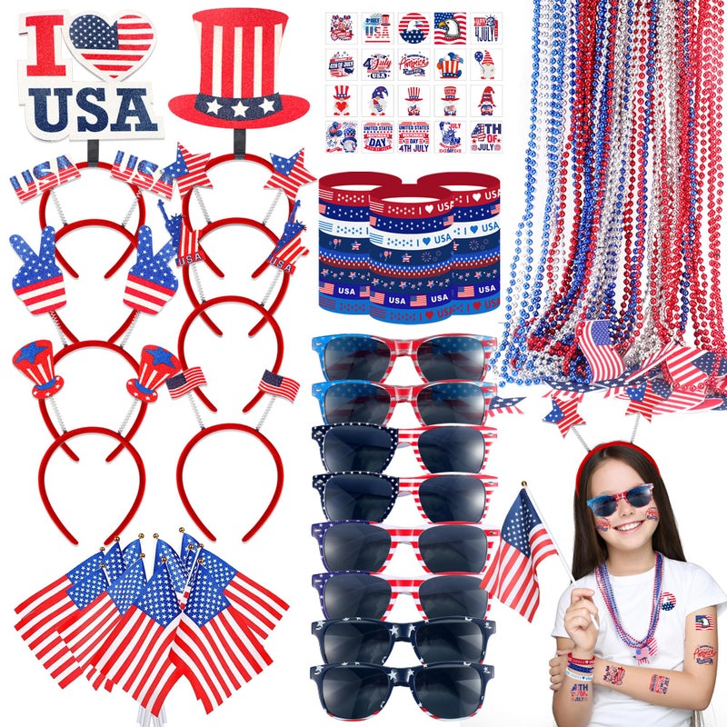 PLOUGVI 188PCS 4th of July Accessories Set Party Favors Supplies Decorations for Independence Day Memorial DayInclude Headbands Glasses Necklaces Bracelets Tattoo Stickers USA Flag - Image 2